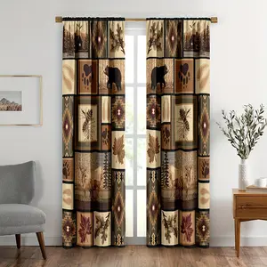 2pcs Retro Rustic Curtains, Vintage Style Animal Curtains, Brown Vear Deer Animal Footprints Theme, Rod Pocket Draperies Home Decor