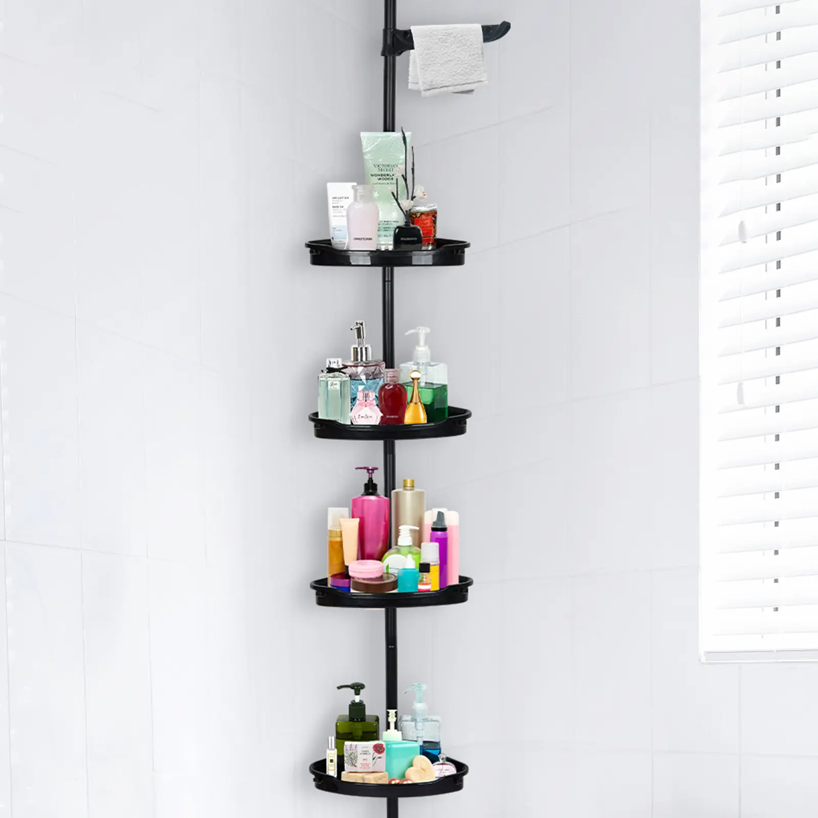 Summervibes 4-Tier Adjustable Rustproof Stainless Steel-Plastic Corner Shower Tension Pole Organizer, 39 to 123 Inches No-Drill Corner Mount Bathroom Rack with 4-Tier Depth Deep Shelves for Bottles & Jars (White/Black) - Home Sale Item, Deep Shelves Fit B