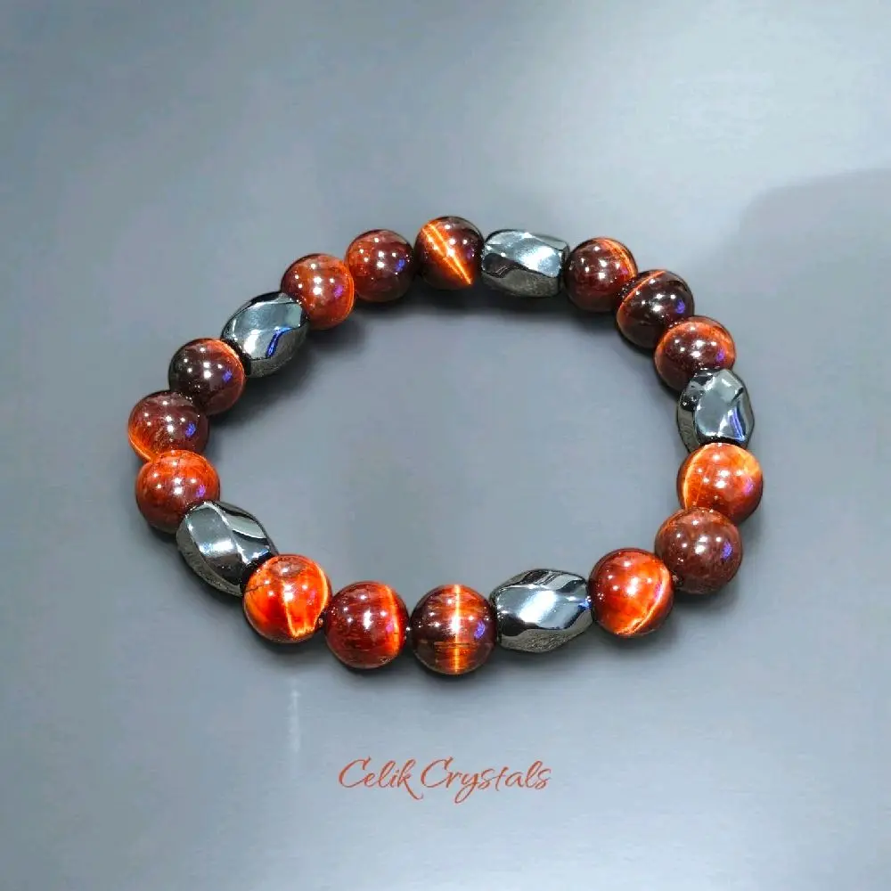 Celik Crystals 10mm AAA High-Quality Natural Red Tiger Eye & Hematite Bead Stretch Energy Bracelet, Natural Gemstone Healing Jewelry, Natural Gemstone Bracelet
