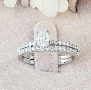 Janefashions 0.5ct Oval Cut Moissanite Engagement Ring Half Eternity Wedding Band Travel Bridal Rings Set M6936M