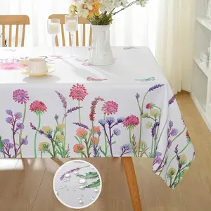 Sastybale Spring Summer Tablecloth Rectangle, Watercolor Wildflowers Floral Butterfly Table Cloth, Spill-Proof Stain Resistant Decorative Fabric Table Cover for Dining, Party, Picnic