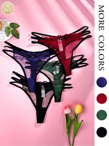 4 Piece Lace Cutout Breathable Sexy Underwear, Color Block Trim + Mesh Patchwork, Lightweight Comfort Fit for Tight Skirts/pants