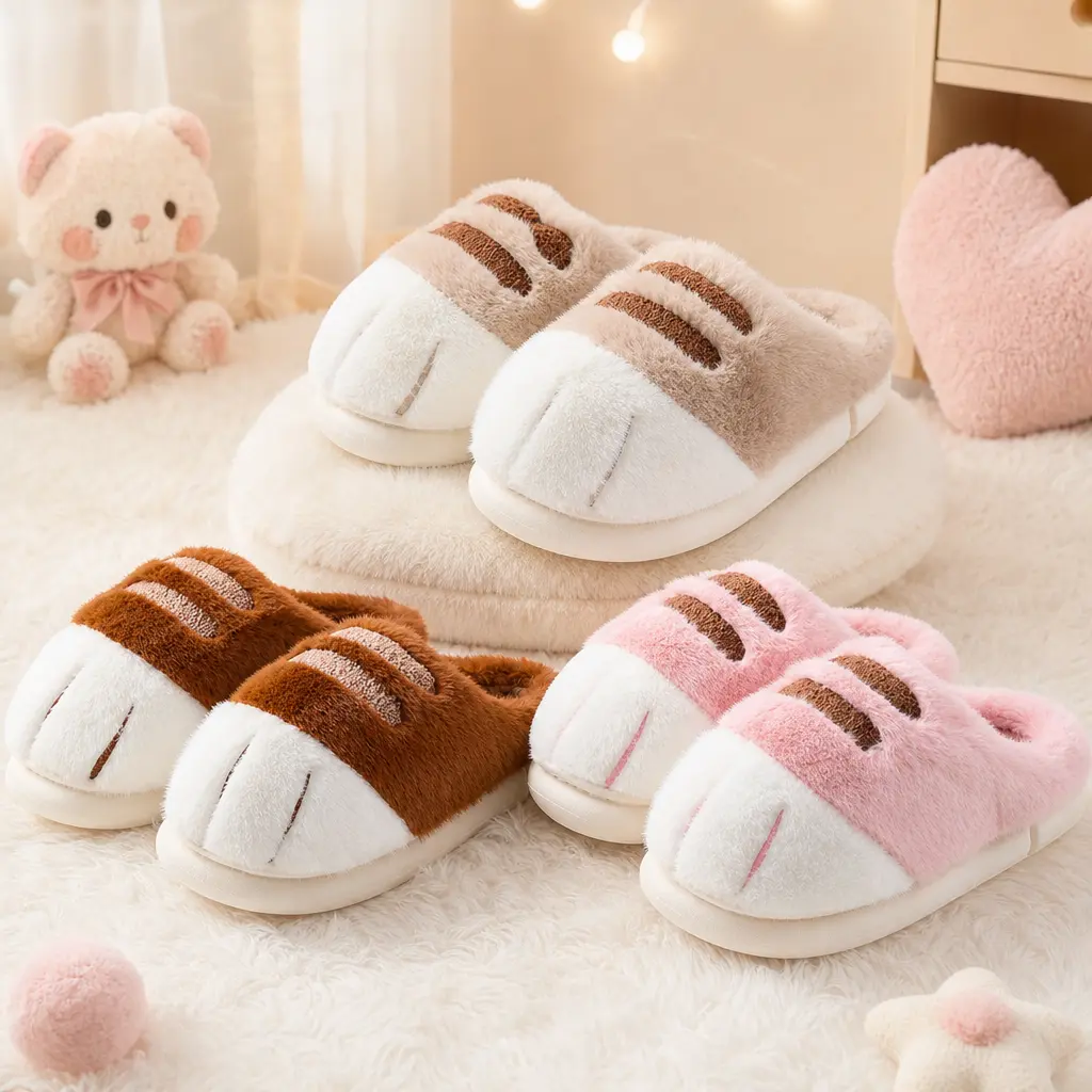 Cat Paw Slippers - Unisex Adults & Kids - Beige - Slip-On - Plush & Memory Sponge Interior - Anti-Slip EVA Sole - Washable - Home Slippers