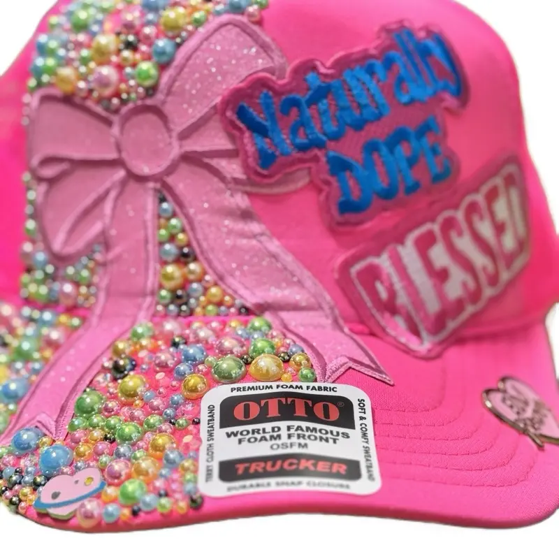 Otto PATCHWORKZ: Naturally Dope Blessed Pink Trucker Hat with Colorful Beads and Bow Design