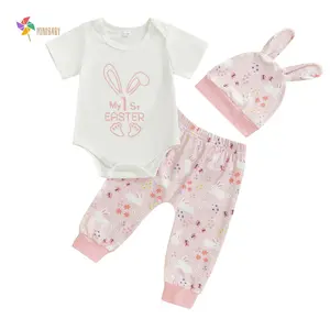 Newborn Baby Boy Girl Easter Day Clothes Set Short Sleeve Rabbit Romper Long Pants Hat My First Easter Outfits