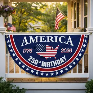 America 250th Birthday Semicircular Flag Banner, 1776–2026 Patriotic Polyester Bunting Flag, USA Independence Day Porch Decor Flag, Fourth Of July Patriotic Half Fan Flag Decoration For Porch Fence Yard
