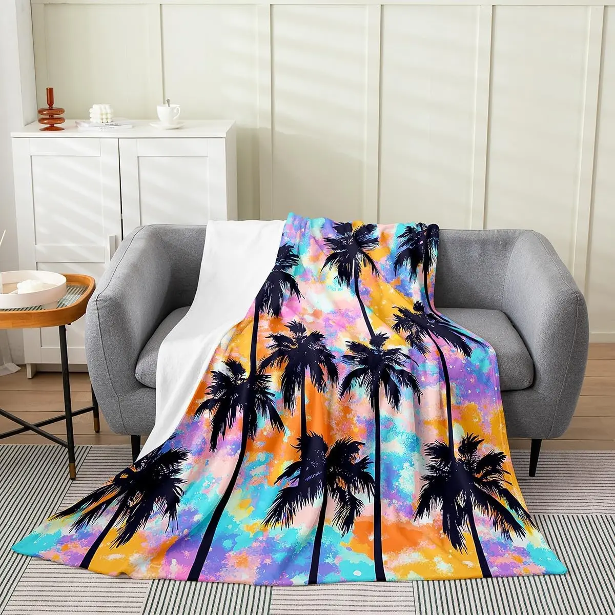 Tropical Tree Fleece Blanket, Hawaiian Coconut Palm Tree Fuzzy Blanket for Adult Teens Kids, Watercolor Tie Dye Throw Blanket, Summer Colorful Beach Flannel Blanket, Queen