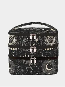 Sun & Moon Pattern Makeup Bag, Large Capacity Travel Toiletry Bag, Portable Travel Makeup Bag, Travel Cosmetic Bag, Zipper Makeup Organizer Pouch