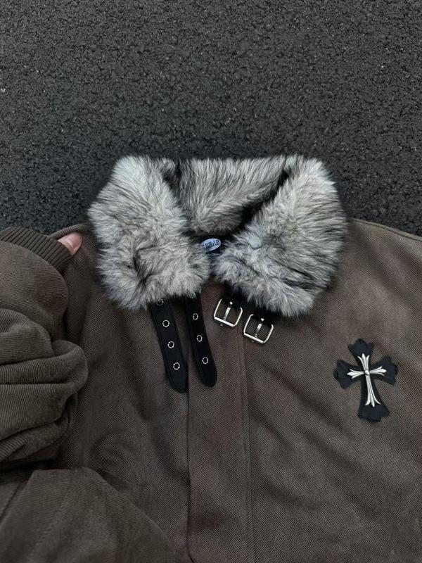 Unisex American Vintage Faux Fur Trim Mountain Carved Cotton Jacket, fleece lining + faux fur trim design + metal button decoration + cross embroidery + side zipper pocket + durable fabric construction, perfect for commuting or everyday street style, prov