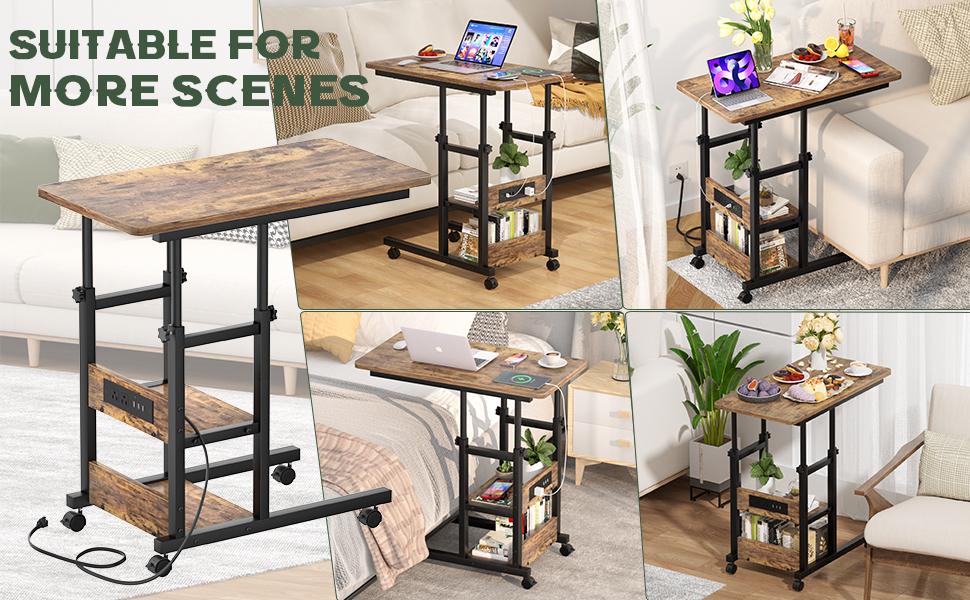C Shaped End Table Height Adjustable - Couch Side Table with Charging Station, TV Tray with Wheels Slide Under Sofa for Small Spaces, Living Room Bedroom