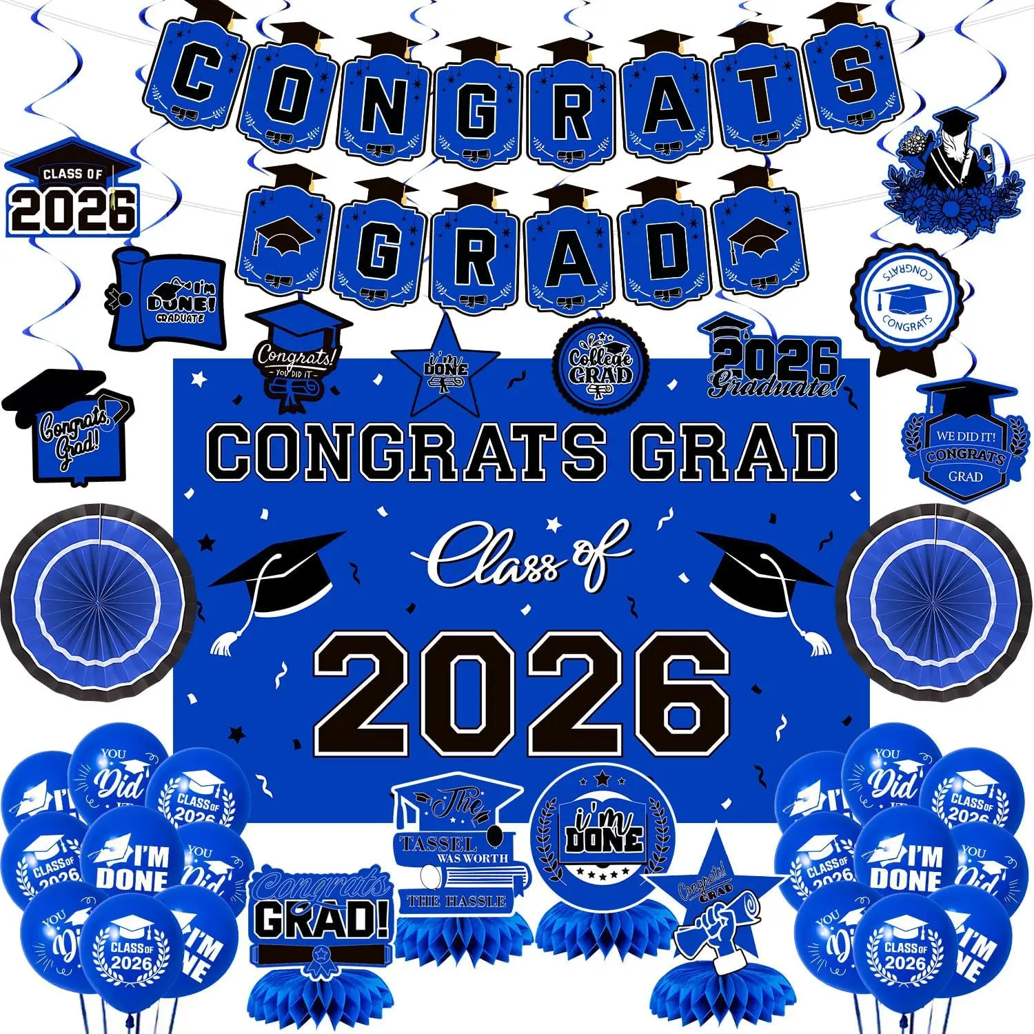 2026 Blue Themed Graduation Decorations Set - Pre-Assembled Congrats Grad Letter Banner Balloons, Class of 2026 Backdrop, Streamers, High School Ceremony Decor, Photo Props, Friend Gift, Easy Install, 1 Set