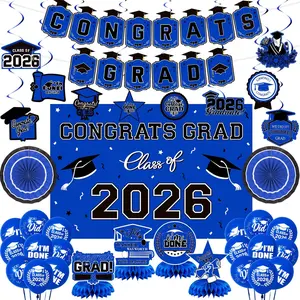 Graduation Decorations 2026 Blue Themed Set, Congrats Grad Banner Class of 2026 Backdrop Balloons and Streamers Kit High School and College Graduation Party Supplies