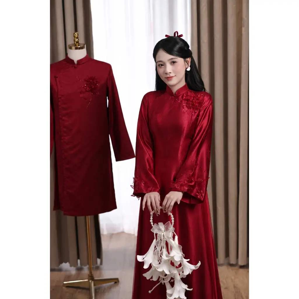 Traditional Vietnamese Couple Ao Dai Set – Elegant Red Wedding Matching Outfit