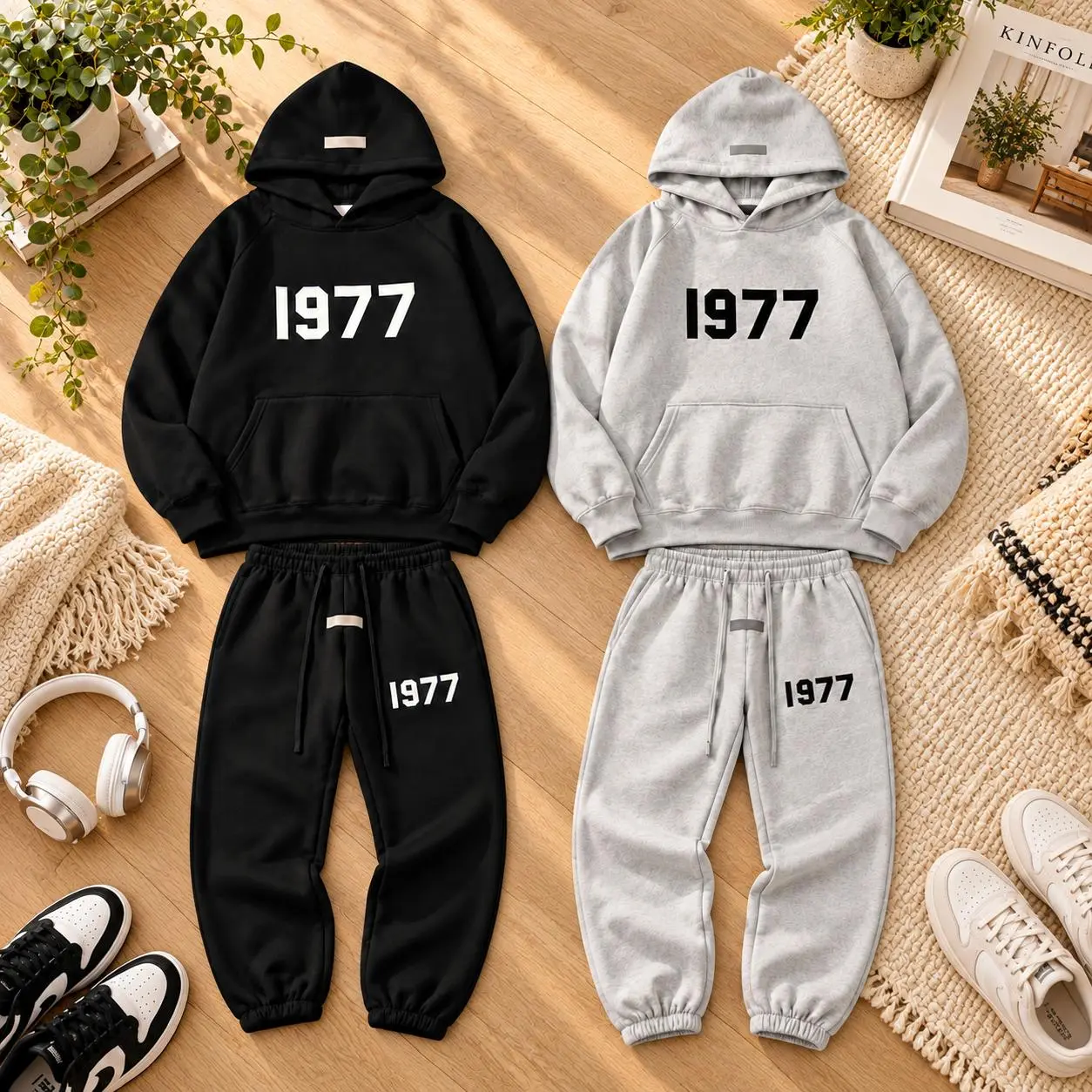 1977 Essential Hoodie & Pants Black Set  Unisex Streetwear Tracksuit, Pullover Sweatshirt + Joggers, Gift for Him or Her 2026