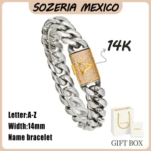 Silver Stainless Steel Cuban Link Bracelet for Men, 14mm Heavy Chain with Gold A–Z Initial Letter Clasp, Hip Hop Gothic Punk Style, Personalized Statement Bracelet Gift for Him/Her