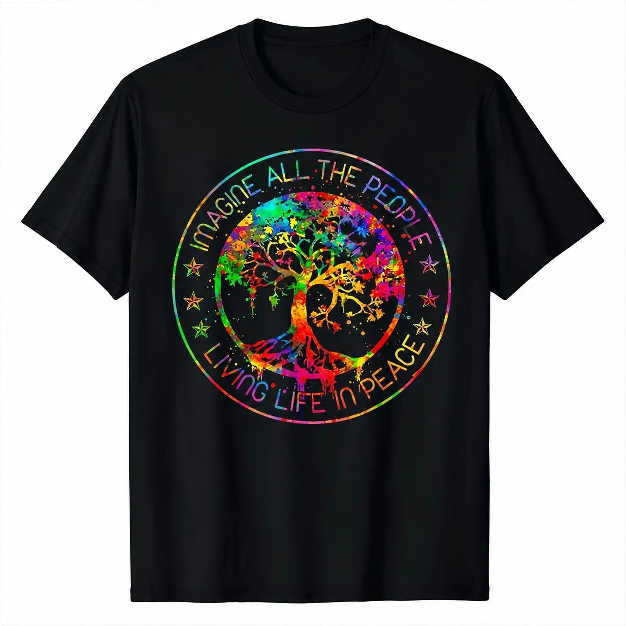 All The People Imagine Living Life in Peace Hippie Tie Dye T-Shirt，Hippie Peace Love Vintage Crew Neck Tee, Spiritual Positive Motivational Casual Short Sleeve Top, Boho Retro Peace Lover Gift, Unisex Aesthetic Streetwear Cotton T-Shirt