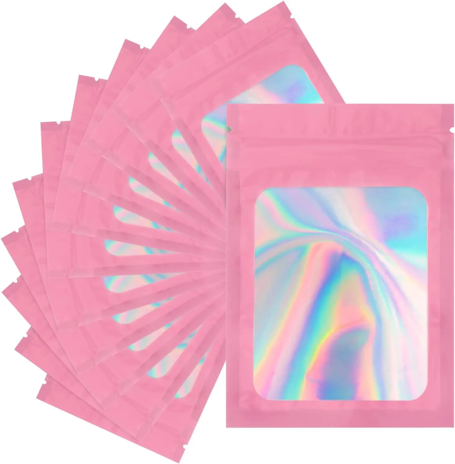 100 Pcs Mylar Bags, Holographic Packaging Bags, Resealable Smell Proof Bags, Jewelry Pouch Bag for Small Business, Clear Foil Pouch Bag for Candy, Data Cable, Lipgloss(Pink, 4x6 In)