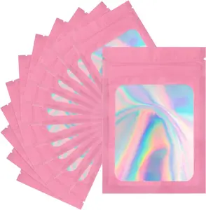 100 Pcs Mylar Bags, Holographic Packaging Bags, Resealable Smell Proof Bags, Jewelry Pouch Bag for Small Business, Clear Foil Pouch Bag for Candy, Data Cable, Lipgloss(Pink, 4x6 In)
