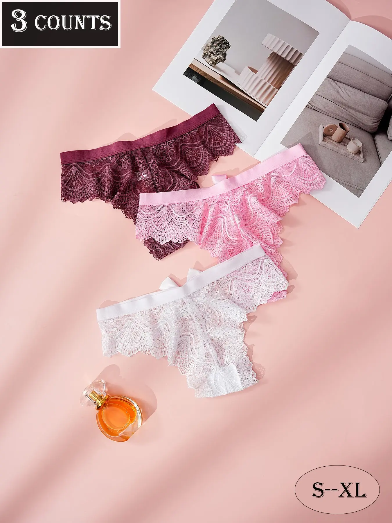 Dorsu 3-Pack Sexy High Stretch Lace Thongs, Floral and Big Bow Design, Soft Fabric, Comfortable for All Seasons, Daily Wear and Dates