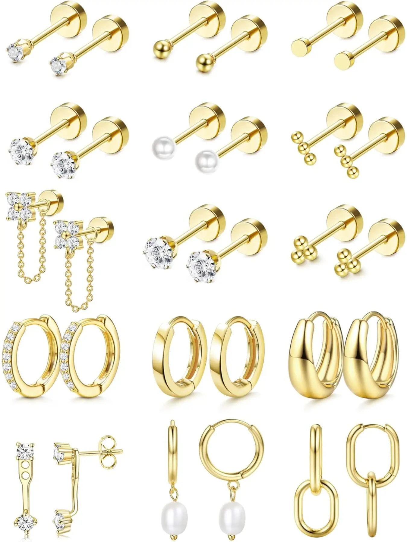 Flat Back Earrings for Women, Ear Studs, Flatback Stud Earrings, Minimalist Earrings, Stainless Steel Hypoallergenic Earrings for Sensitive Ears, 20g Gauge Cartilage Earring Sets with Hoops, Lightweight Earrings, Ear Accessories, Hoop Jewelry