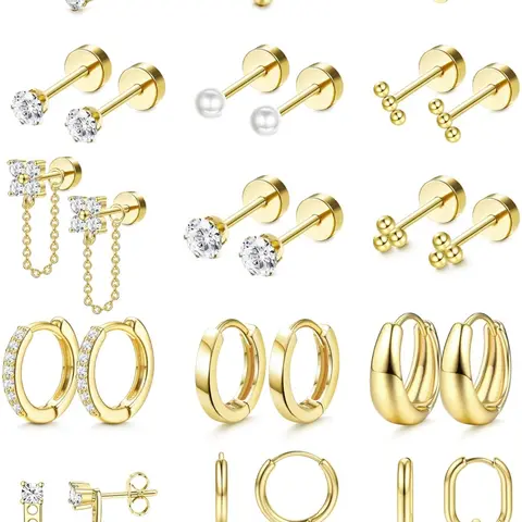 Flat Back Earrings for Women, Ear Studs, Minimalist Earrings, Stainless Steel Hypoallergenic Earrings for Sensitive Ears, 20g Gauge Cartilage Earring Sets with Hoops, Lightweight Earrings, Ear Accessories, Hoop Jewelry, Earrings with Flat Backs