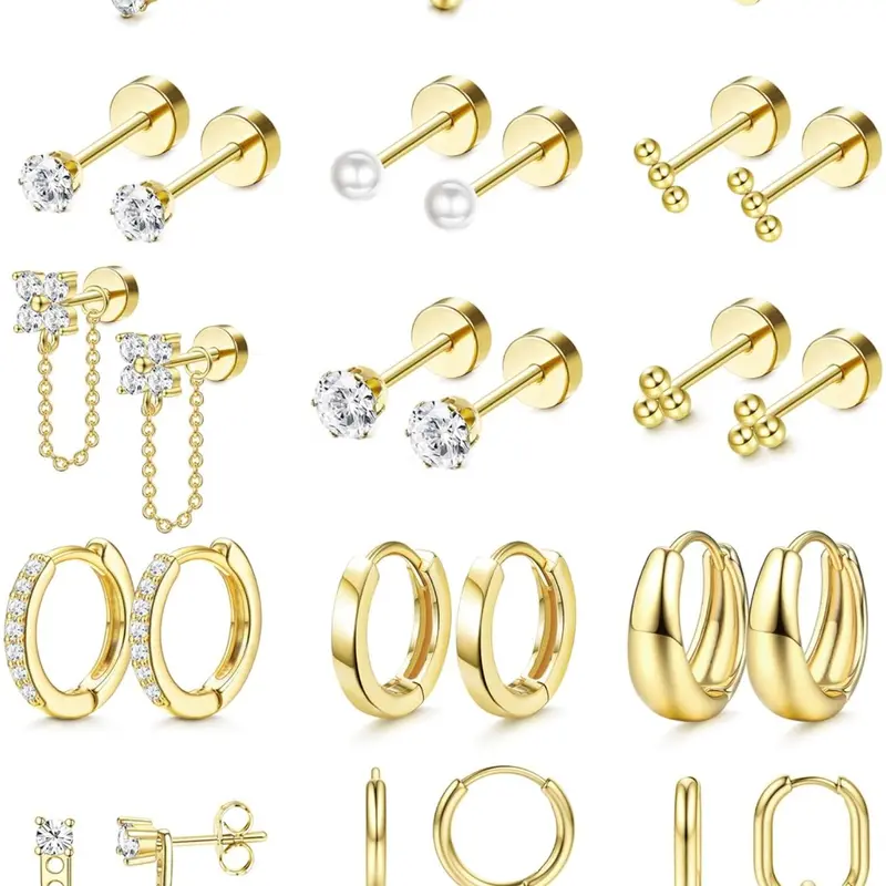 Flat Back Earrings for Women, Ear Studs, Minimalist Earrings, Stainless Steel Hypoallergenic Earrings for Sensitive Ears, 20g Gauge Cartilage Earring Sets with Hoops, Lightweight Earrings, Ear Accessories, Hoop Jewelry, Earrings with Flat Backs