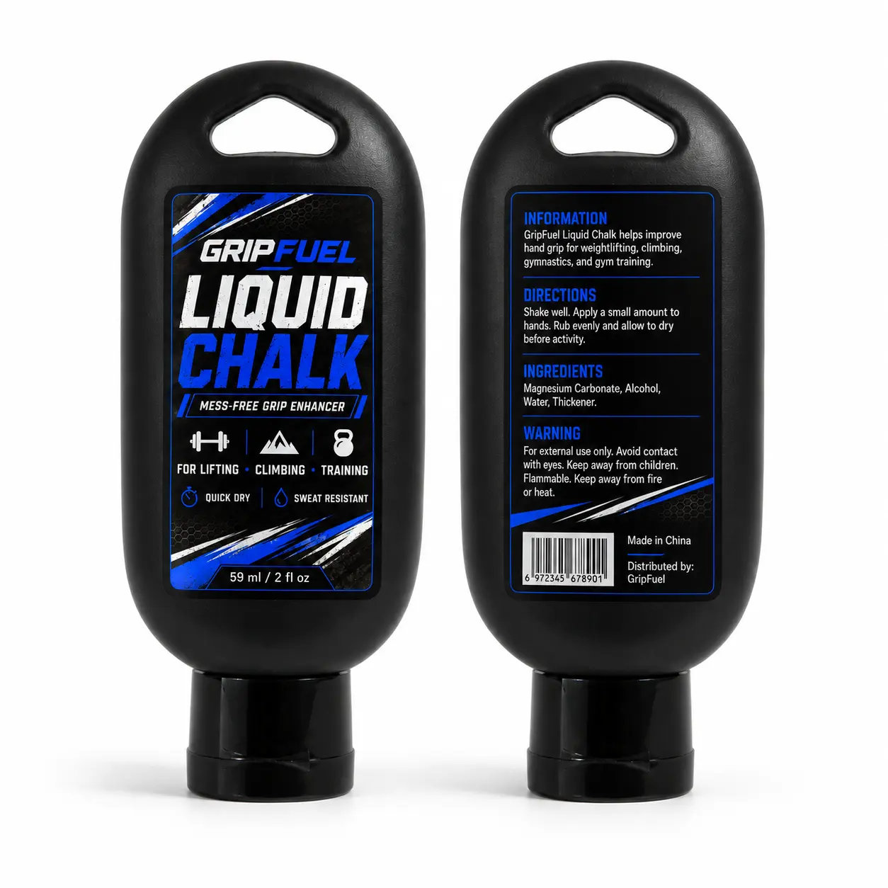 GripFuel Liquid Chalk (2 fl oz/59ml) - Magnesium Carbonate Mess-Free Grip Enhancer for Athletes' Weightlifting, Climbing, Gym Training, Gymnastics, Keeps Hands Ready, Liquid Chalk Grip Enhancer, Moisture Resistant, Quick-Drying, Thickener, Black Bottle Wi