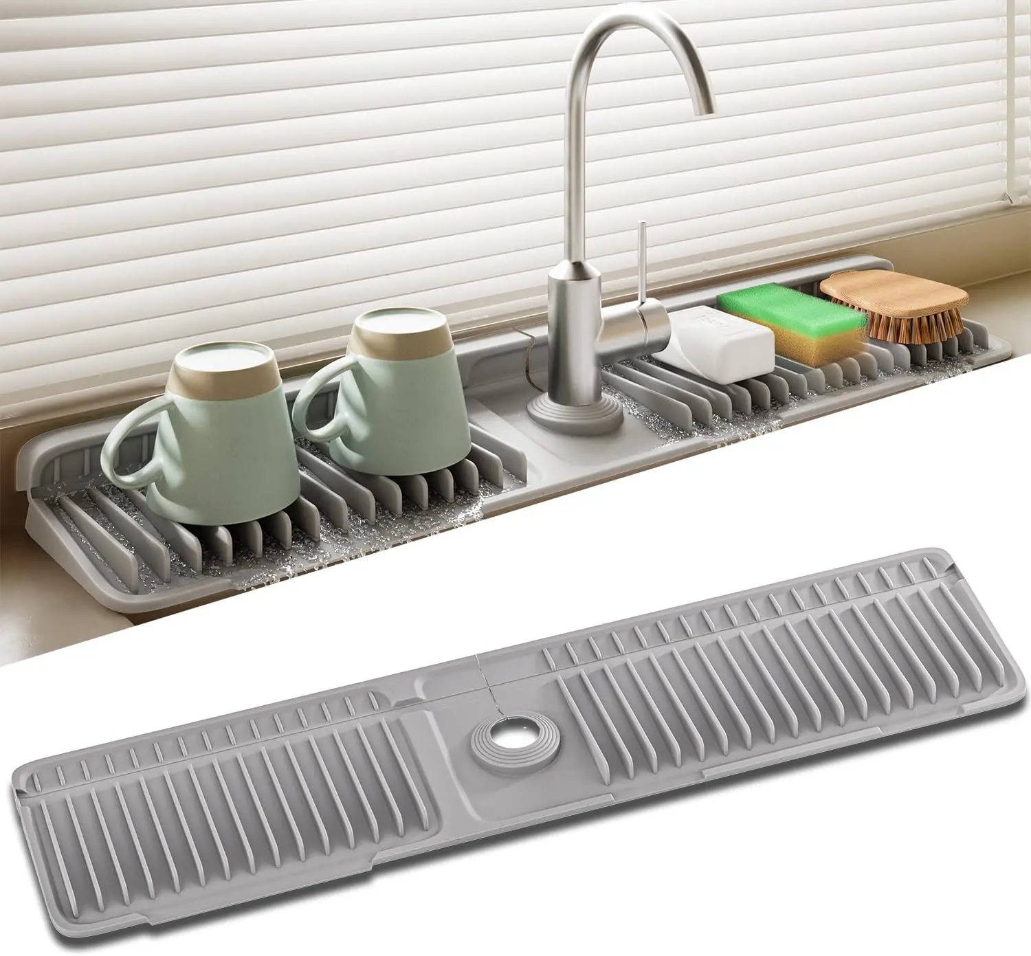Faucet Mat for Kitchen Sink 15 Inch Longer Silicone Sink Splash Guard 7° Slope Fast Self-draining Drying Tidy Mat with Snap Button Lock Adjustable Hole Design