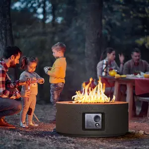 Outdoor Propane Fire Pit Coffee Table, 28-inch Magnesium Oxide Round Base Patio Heater, Stainless Steel Burner, Free Lava Rocks, Waterproof Cover