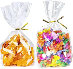 6"x 9", 50Pcs Bottom Gusset Bags, Clear Cello Cellophane Plastic Treat Goodie Bags with 50x Twist Ties for Small Gift Party Favors, Cookie, Candy, Popcorn (No Side Gusset)