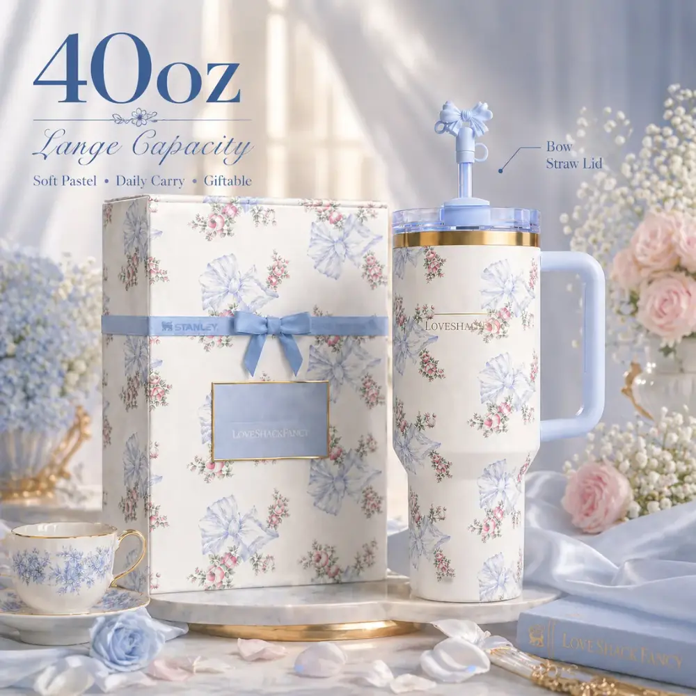 LoveShackFancy 40oz Holiday Rosa Beaux Blue Gift Box Cup, Themos Quencher H2.0 Tumbler