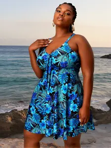 2026 Summer Plus Size Women Tropical Floral Swim Dress V Neck Tummy Control Full Coverage Bathing Suit for Beach Vacation