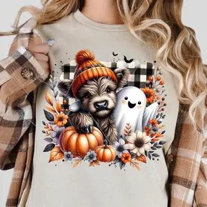 Cute Fall Highland Cow Ghost Shirts, Spooky Season Autumn Cow Shirt, Halloween Pumpkin Spice Shirt, Boo Ghost Halloween Shirt