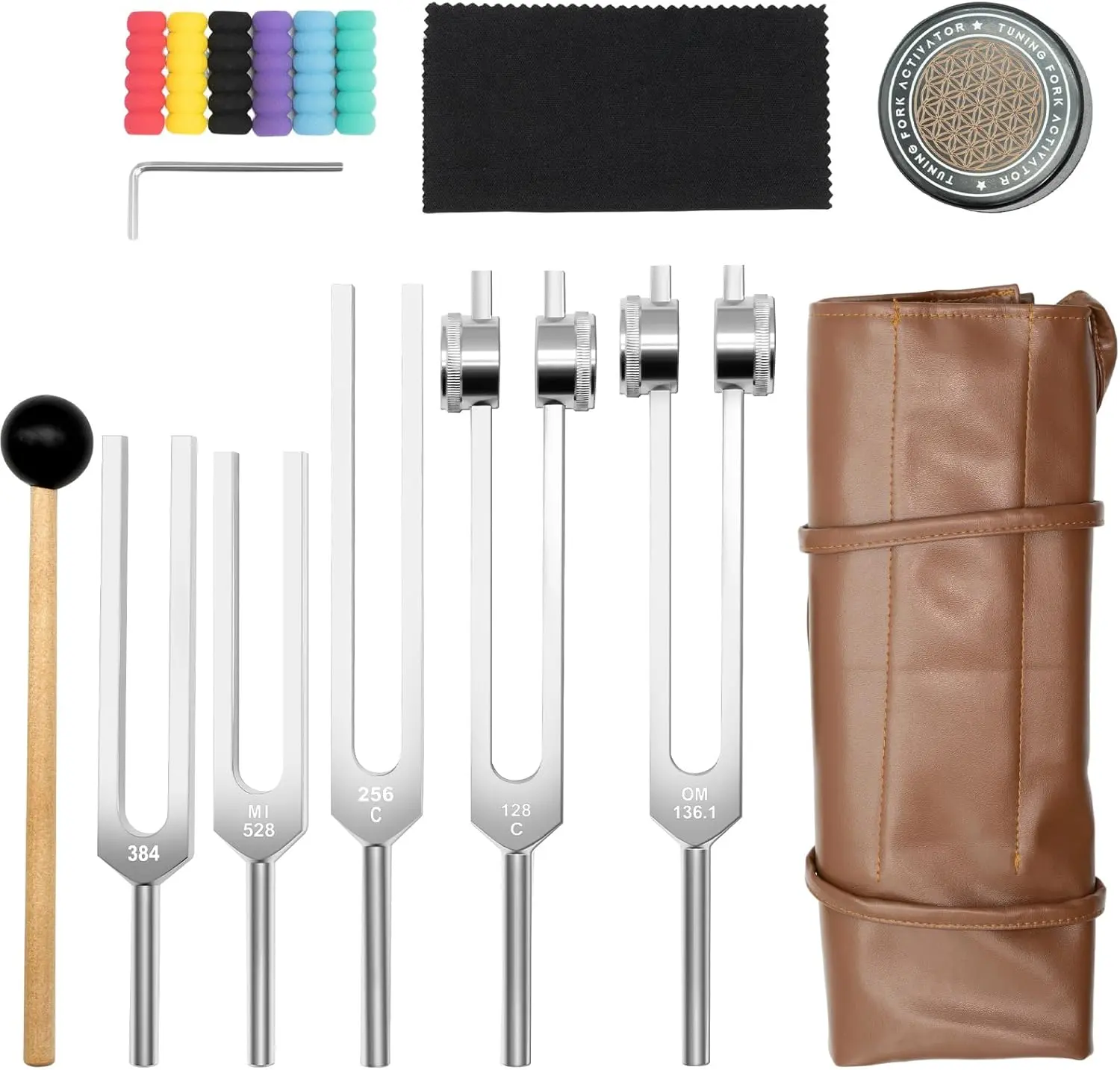 Stylish Portable Lightweight Aluminium Healing Tuning Forks Set - Weighted & Unweighted, 128Hz, 136.1Hz, 256Hz, 384Hz, 528Hz, for Stress Relief, Includes Activator, Pouch, Rubber Mallet