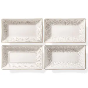 4-Pc 9.85" Large Rectangle Pasta Bowls | Embossed Ceramic (Microwave Safe) | 25oz Family-Sized Serving Dishes for Salad & Soup Oven Set