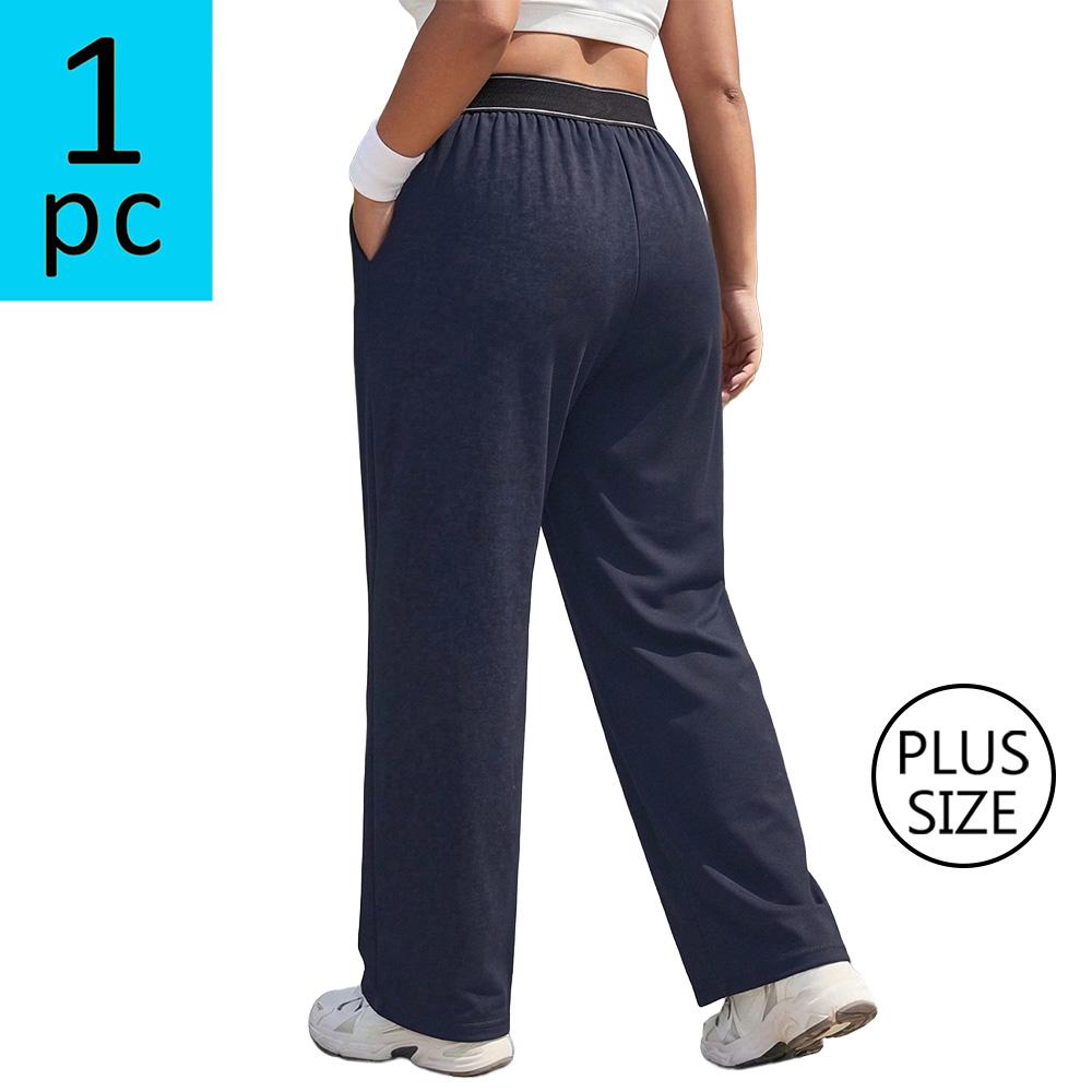 Plus-size women’s athletic casual pants with an elastic waistband and straight legs; solid color, versatile running/fitness/jogging pants; plus-size black straight-leg pants; medium stretch woven fabric; suitable for everyday wear and as a holiday gift.