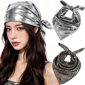 AWAYTR 2 Pack Y2K Bandana Headscarf Set Metallic Silvery  & Leopard Print Punk Headband for Women Girls 24.8" Square Hair Accessories outdoorfun