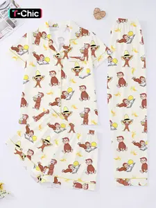 3-Piece Cartoon Monkey Women's Sleepwear Set, Short Sleeve Button-Up Top, Elastic Shorts and Pants, Comfortable Home Wear