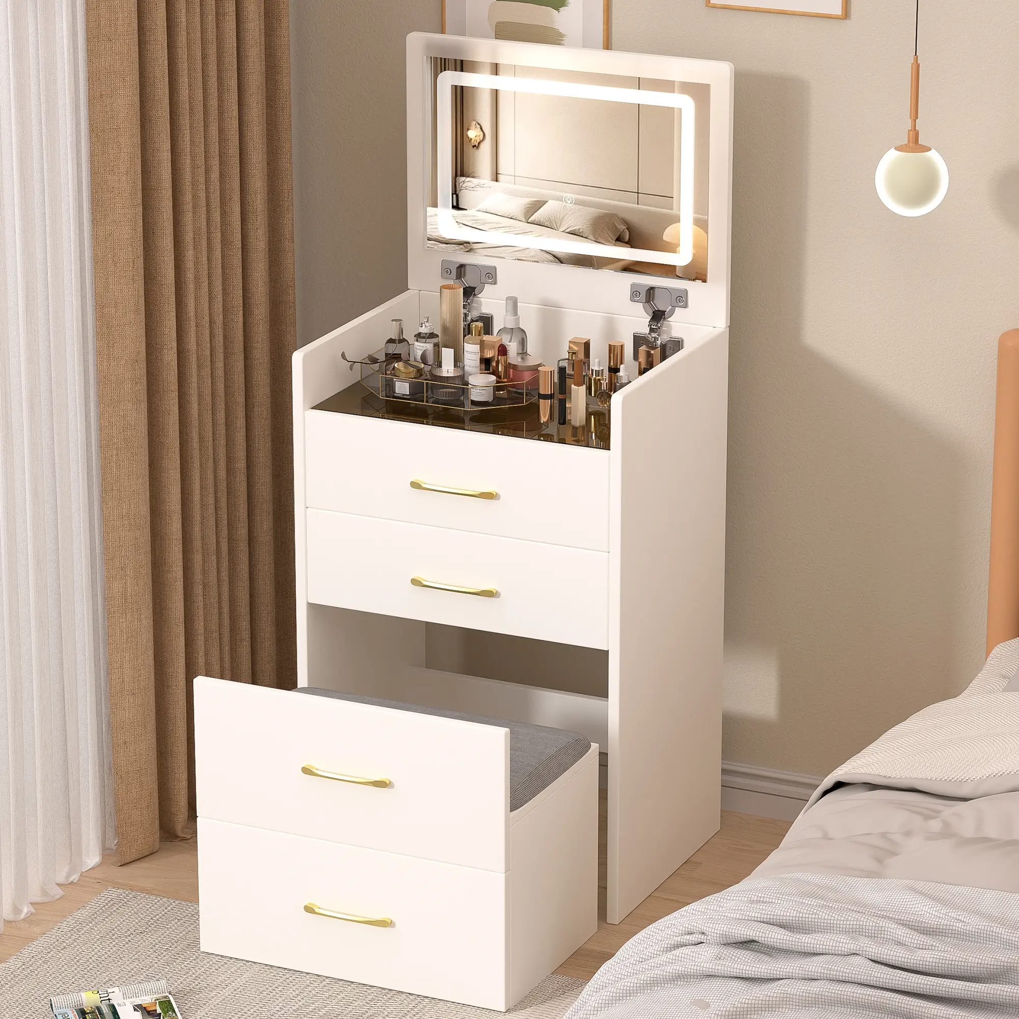 Sohochic Vanity Table with LED Lighting Mirror 3-in-1 Multi-Functional + 2 Drawers + Hidden Stool, Compact White Dressing Table for Bedroom
