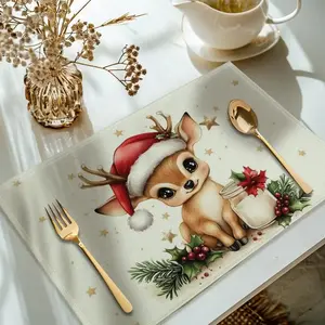 4-piece/6-piece Christmas deer patterned placemat set with Christmas hat and winter green fruit - machine washable, beige and gold holiday table decoration, suitable for kitchen and dining rooms, warm winter table decoration - deer and holly design