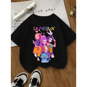 Girls' Kpop Demon Hunters Round Neck Short Sleeve Top, Cool Graphic Tee, Colorful Huntrx Letter Print, Cartoon Characters & Blue Cat Design, Casual Fit