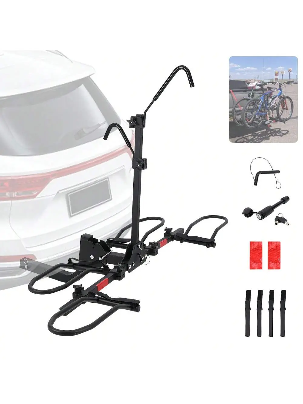 Gaomon 2-Bike Hitch Mount Bike Transport Rack - 2" Hitch, 150lbs Max Load, 5.5" Fat Tire Compatible, Foldable, Locking Hooks, Padded Hooks, Tire Straps, Adjustable Wheel Mounts, Wobble-Free Stability, Smart Tilting for Cars, SUVs