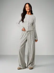 Women's 2-Piece Wide Leg Pants and Long Sleeve Striped Set, Casual Spring & Fall Knit Cardigan, Perfect for Comfort and Fashion