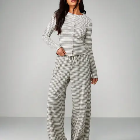 Women's 2-Piece, Button‑Front Long Sleeve Top & Drawstring Wide Leg Pants, Cozy Outfit Set, Soft Stretchy Homewear, Casual Loungewear Outfit for Spring & Fall