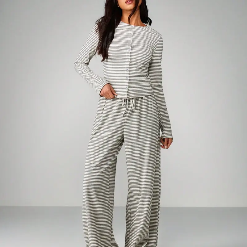 Women's 2-Piece, Button‑Front Long Sleeve Top & Drawstring Wide Leg Pants, Cozy Outfit Set, Soft Stretchy Homewear, Casual Loungewear Outfit for Spring & Fall