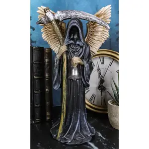 Winged Death Angel Grim Reaper with Scythe And Silver Toll Bell Figurine