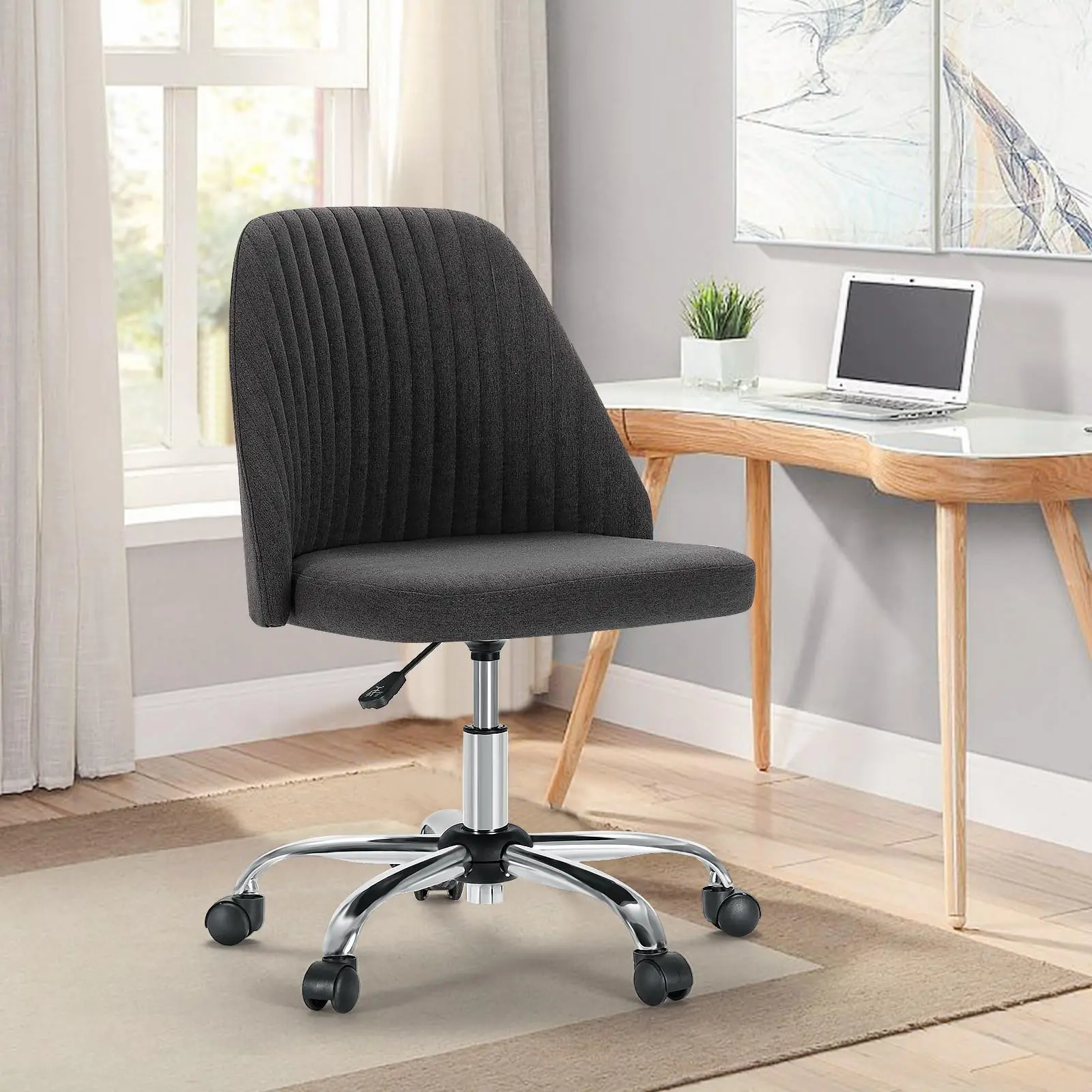 Office Desk Chair with Back and Wheels Computer Fabric Chair Armless Adjustable Height Comfy Vanity Chair with Swivel Rolling Home Chairs for Bedroom Adult Dark Grey