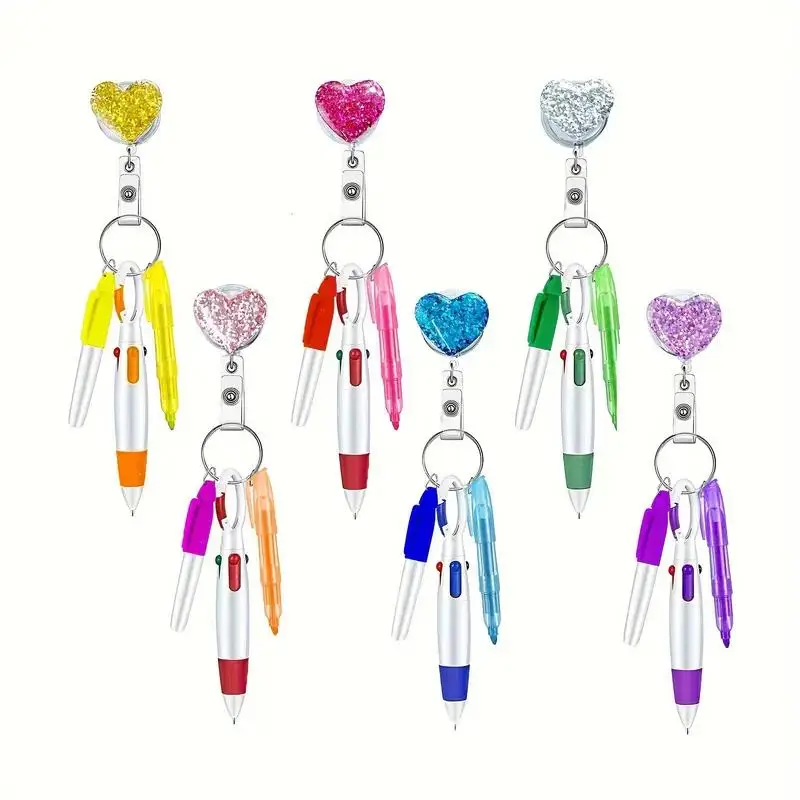 Heart Shaped Badge Pen, 1 Count Retractable Keychain Design Badge Holder with Mini Highlighter, Permanent Marker & Ballpoint Pen, Office Stationery &