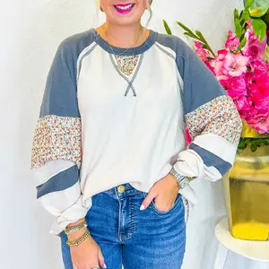 White Floral Patchwork Waffle Knit Raglan Top