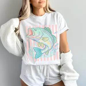 Retro Bass Fish Shirt, Comfort Colors Pastel Fishing Tee, Preppy Coastal Lake T-Shirt, Colorful Summer Tee-Shirt, Beach Lover Gift
